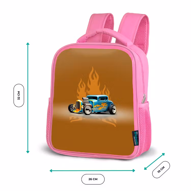 Kinderrucksack - Rosa - Blaues Auto mit gelben Flammen — 2