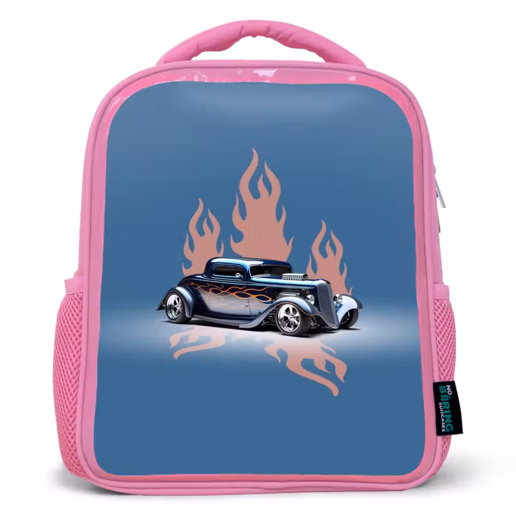 Kinderrucksack - Rosa - Blaues Auto mit rosa Flammen — 1