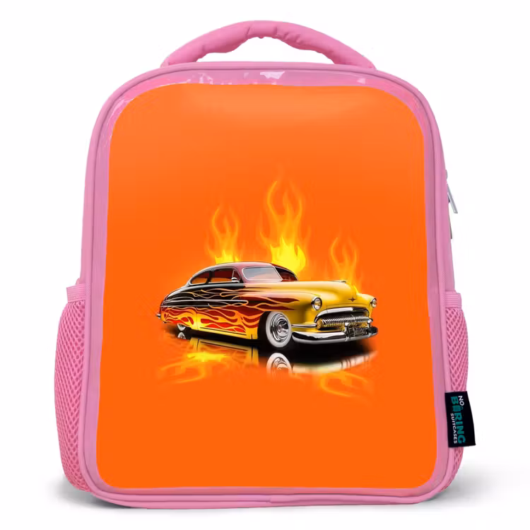 Kinderrucksack - Rosa - Gelbes Auto mit gelben Flammen — 1