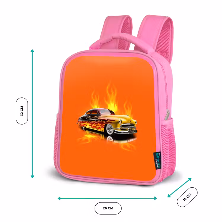 Kinderrucksack - Rosa - Gelbes Auto mit gelben Flammen — 2