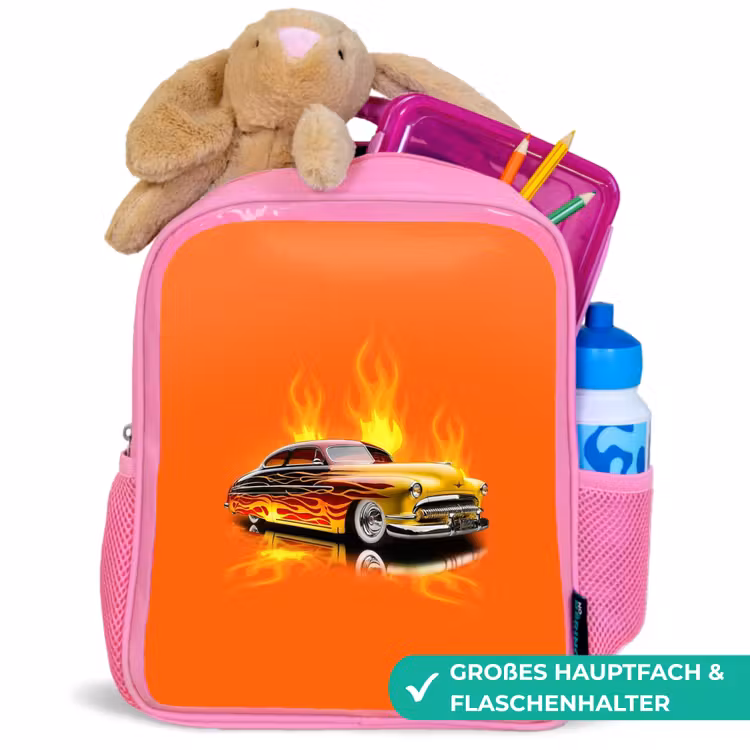 Kinderrucksack - Rosa - Gelbes Auto mit gelben Flammen — 3