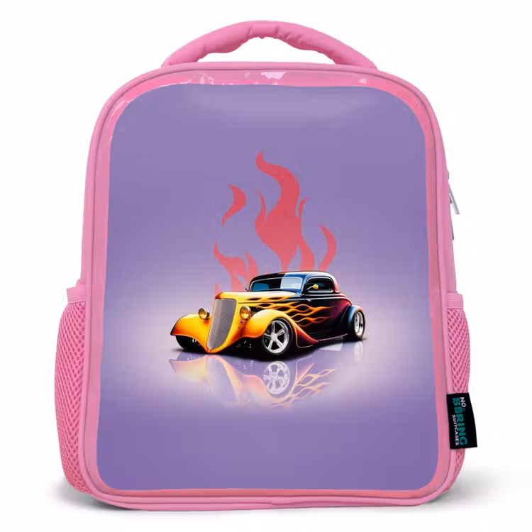 Kinderrucksack - Rosa - Gelbes Auto mit rosa Flammen — 1