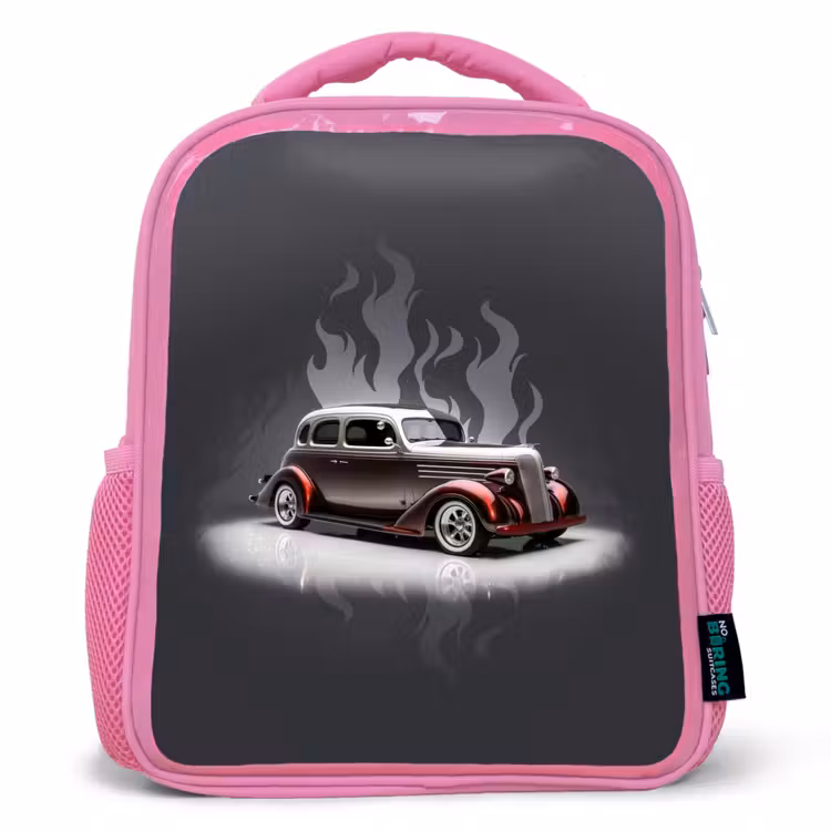 Kinderrucksack - Rosa - Graues Auto mit grauen Flammen — 1