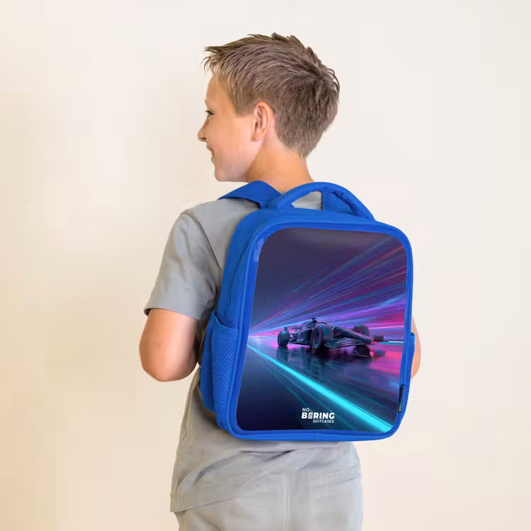 Kinderrucksack - Blau - Neon - Rennwagen - Leichte Streifen - Lila — 2
