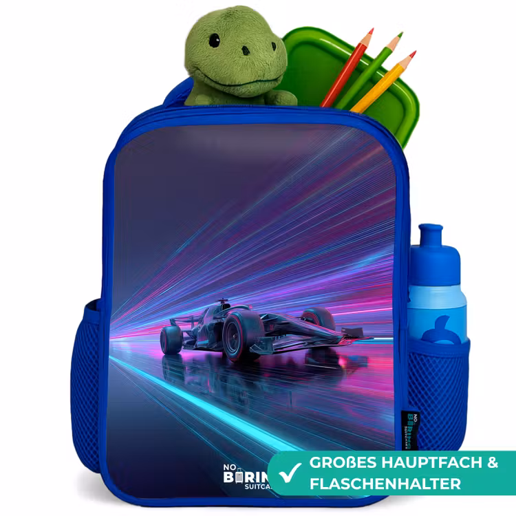 Kinderrucksack - Blau - Neon - Rennwagen - Leichte Streifen - Lila — 3