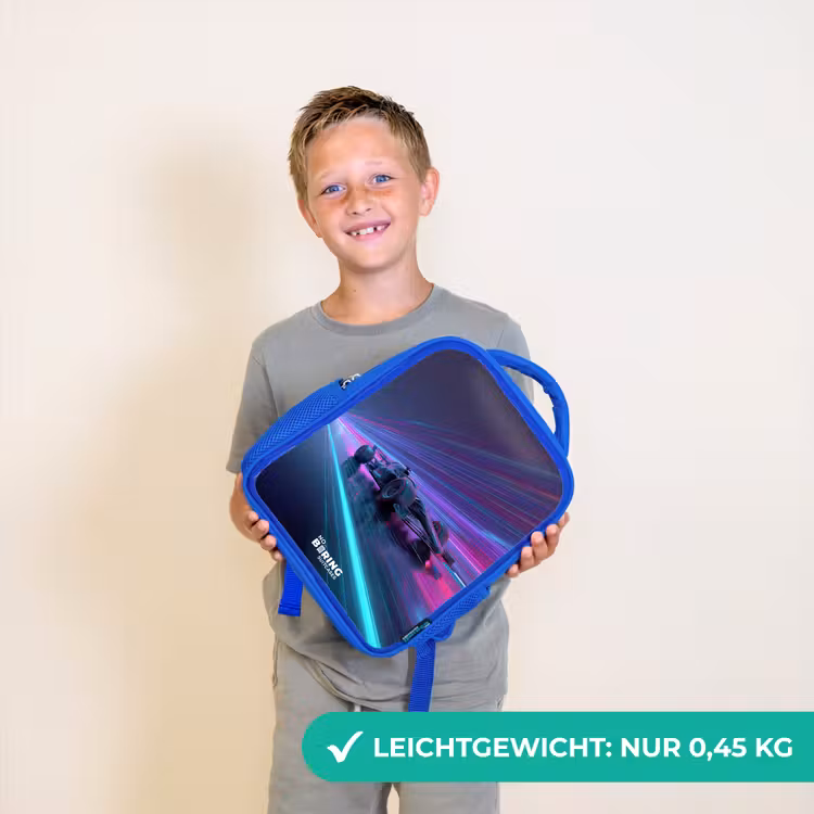Kinderrucksack - Blau - Neon - Rennwagen - Leichte Streifen - Lila — 4
