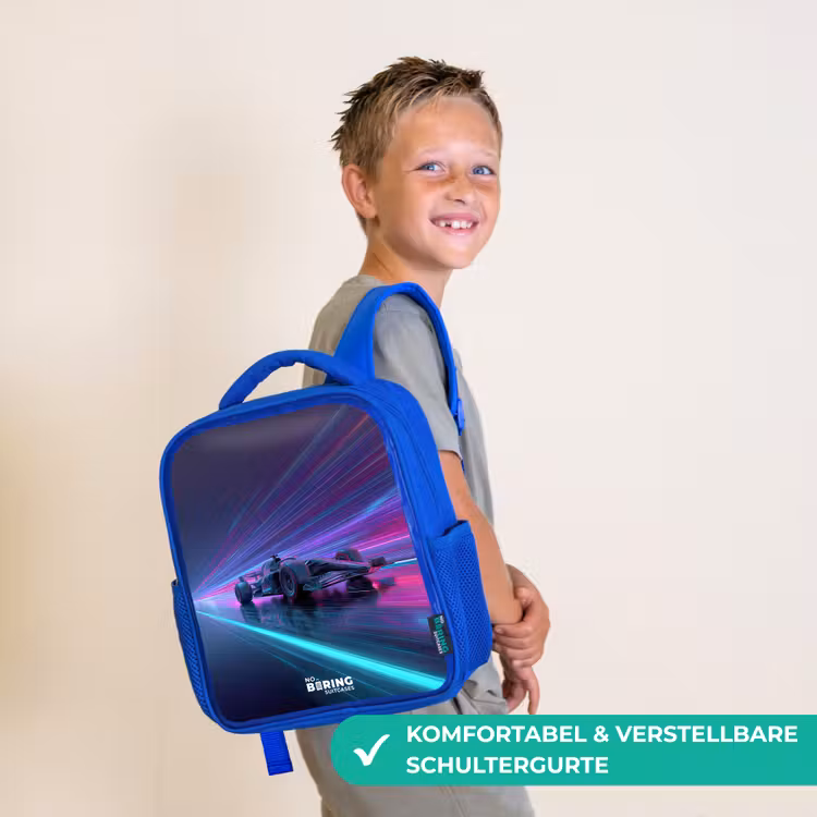 Kinderrucksack - Blau - Neon - Rennwagen - Leichte Streifen - Lila — 5