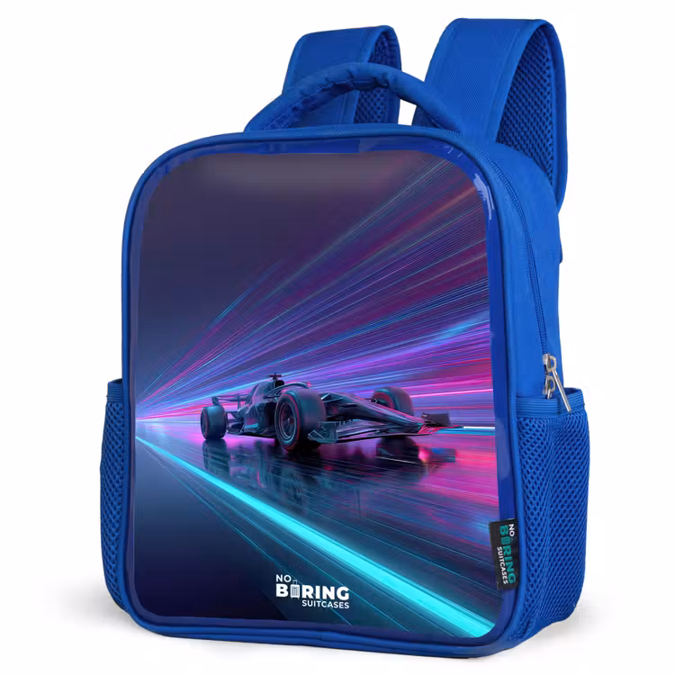 Kinderrucksack - Blau - Neon - Rennwagen - Leichte Streifen - Lila — 7