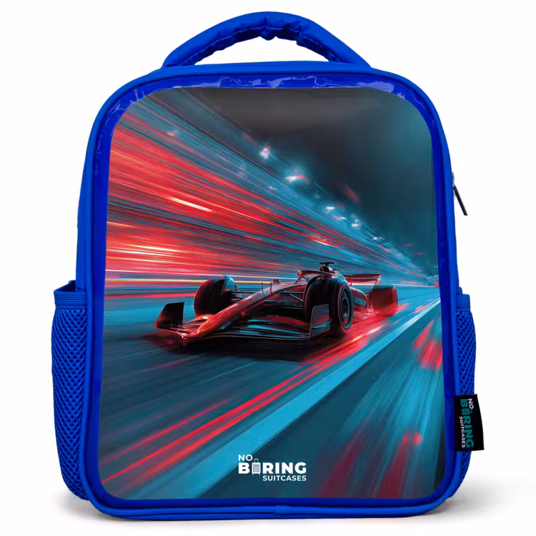 Kinderrucksack - Blau - Rennwagen - Strecke - Neon - Beleuchtung — 1