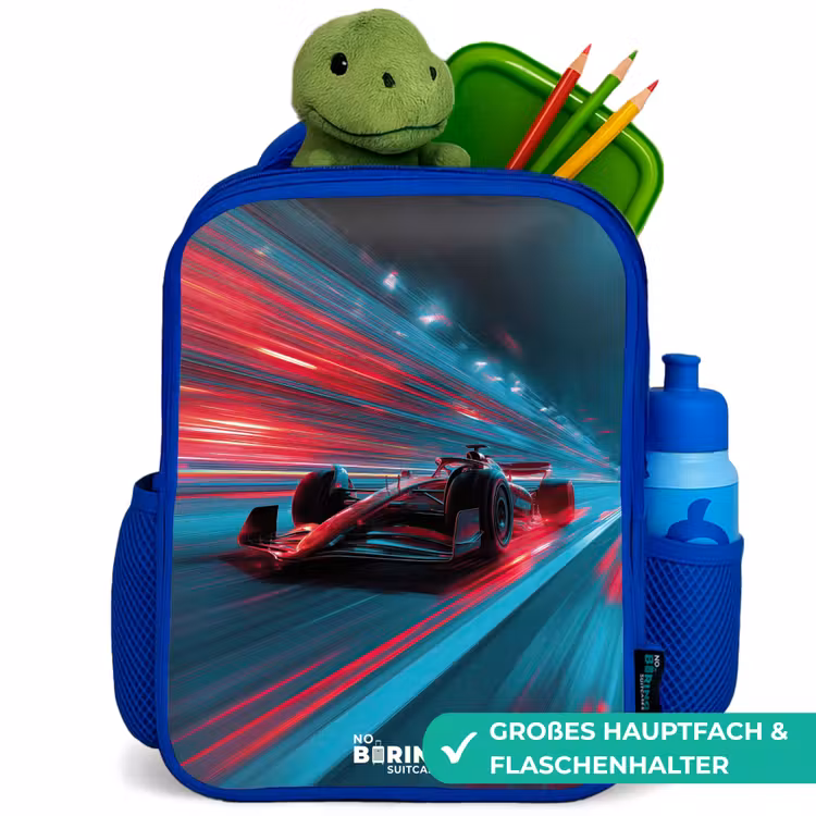 Kinderrucksack - Blau - Rennwagen - Strecke - Neon - Beleuchtung — 3