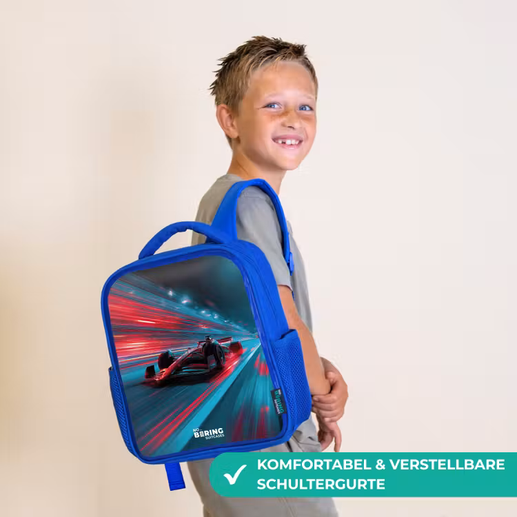 Kinderrucksack - Blau - Rennwagen - Strecke - Neon - Beleuchtung — 5