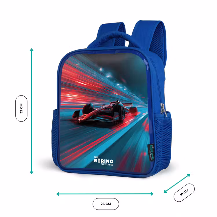 Kinderrucksack - Blau - Rennwagen - Strecke - Neon - Beleuchtung — 6