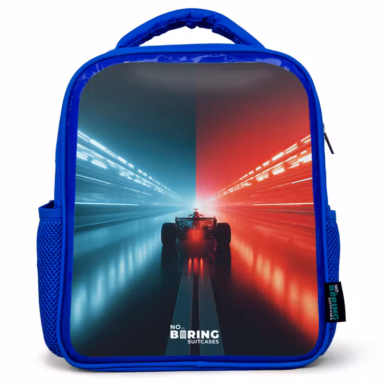 Kinderrucksack - Blau - Rennstrecke - Rennwagen - Neon - Rot — 1