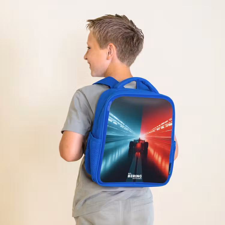 Kinderrucksack - Blau - Rennstrecke - Rennwagen - Neon - Rot — 2