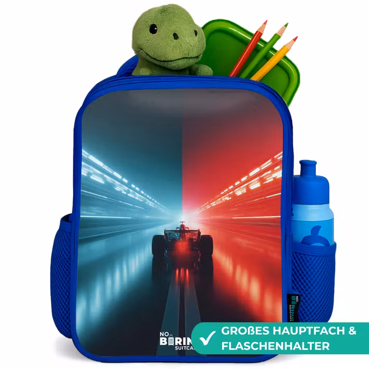 Kinderrucksack - Blau - Rennstrecke - Rennwagen - Neon - Rot — 3