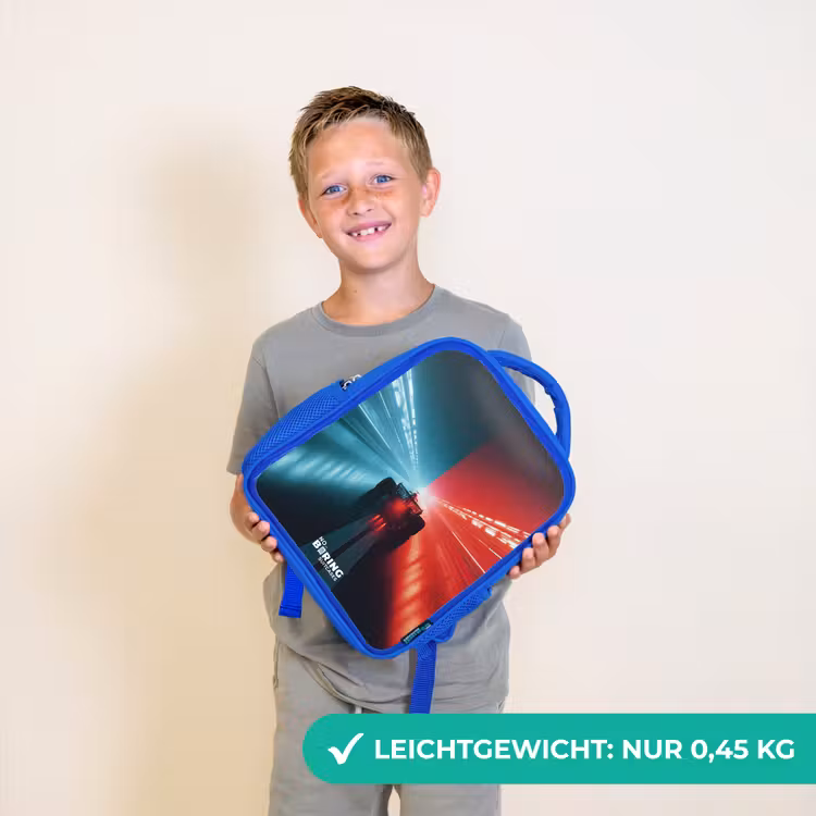 Kinderrucksack - Blau - Rennstrecke - Rennwagen - Neon - Rot — 4