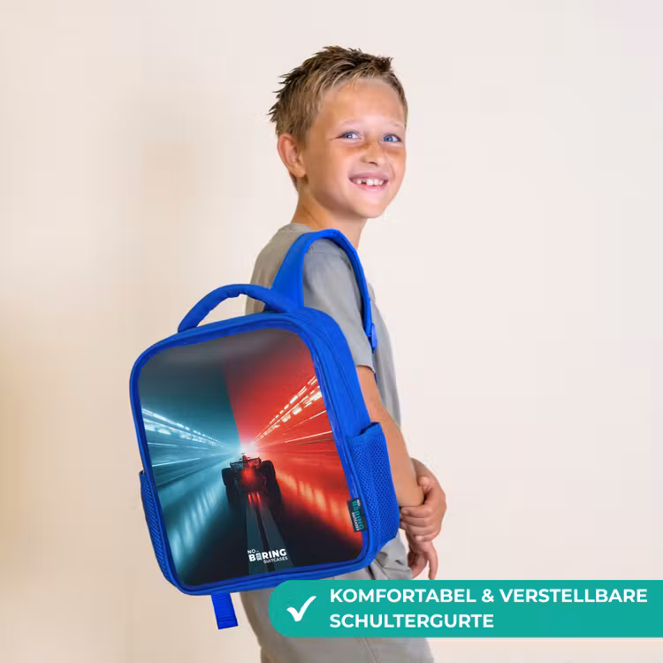 Kinderrucksack - Blau - Rennstrecke - Rennwagen - Neon - Rot — 5