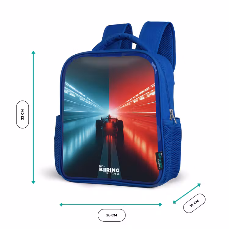 Kinderrucksack - Blau - Rennstrecke - Rennwagen - Neon - Rot — 6