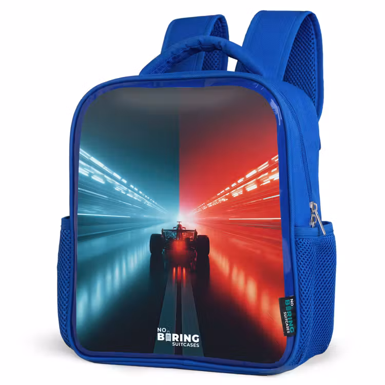 Kinderrucksack - Blau - Rennstrecke - Rennwagen - Neon - Rot — 7