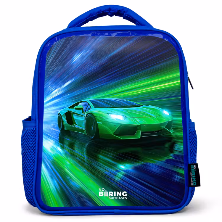 Kinderrucksack - Blau - Rennwagen - Hellgrün - Lichtstrahlen - Geschwindigkeit — 1