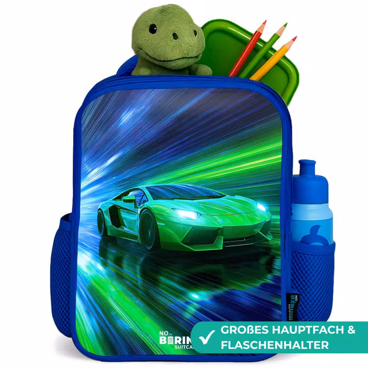 Kinderrucksack - Blau - Rennwagen - Hellgrün - Lichtstrahlen - Geschwindigkeit — 3