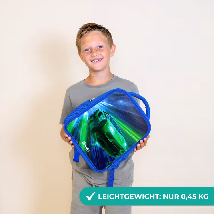 Kinderrucksack - Blau - Rennwagen - Hellgrün - Lichtstrahlen - Geschwindigkeit — 4