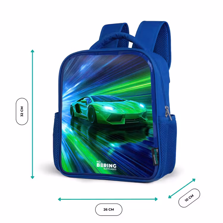 Kinderrucksack - Blau - Rennwagen - Hellgrün - Lichtstrahlen - Geschwindigkeit — 6