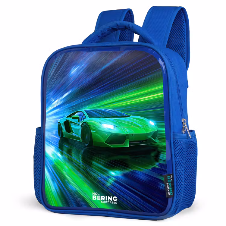 Kinderrucksack - Blau - Rennwagen - Hellgrün - Lichtstrahlen - Geschwindigkeit — 7