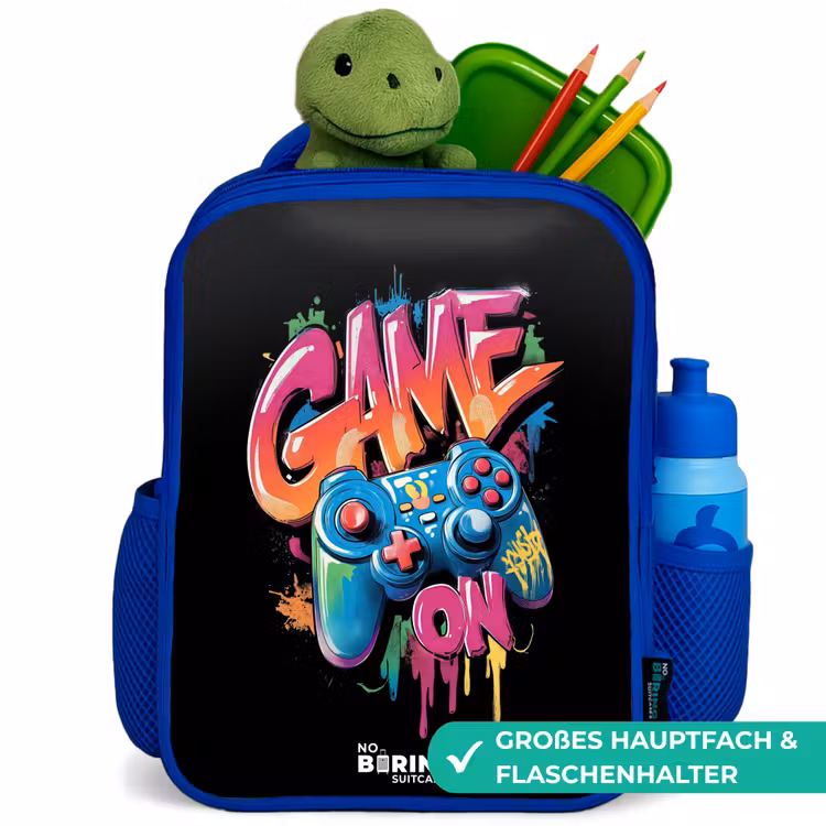 Kinderrucksack - Blau - Spiel - Controller - Graffiti - Neon — 3