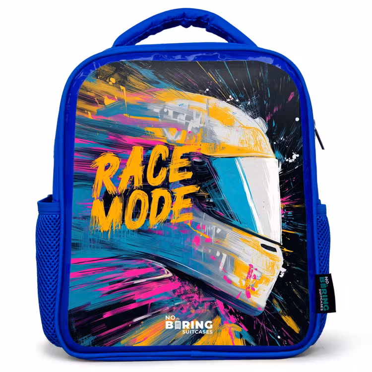 Kinderrucksack - Blau - Rennhelm - Farbspritzer - Pinselstriche - Rennmode — 1