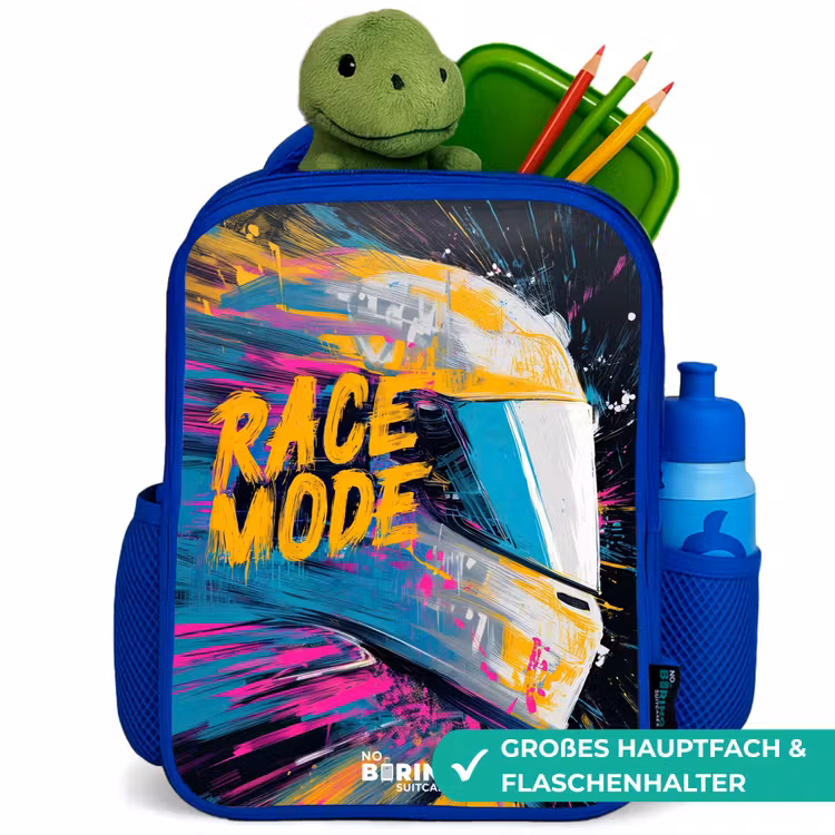 Kinderrucksack - Blau - Rennhelm - Farbspritzer - Pinselstriche - Rennmode — 3