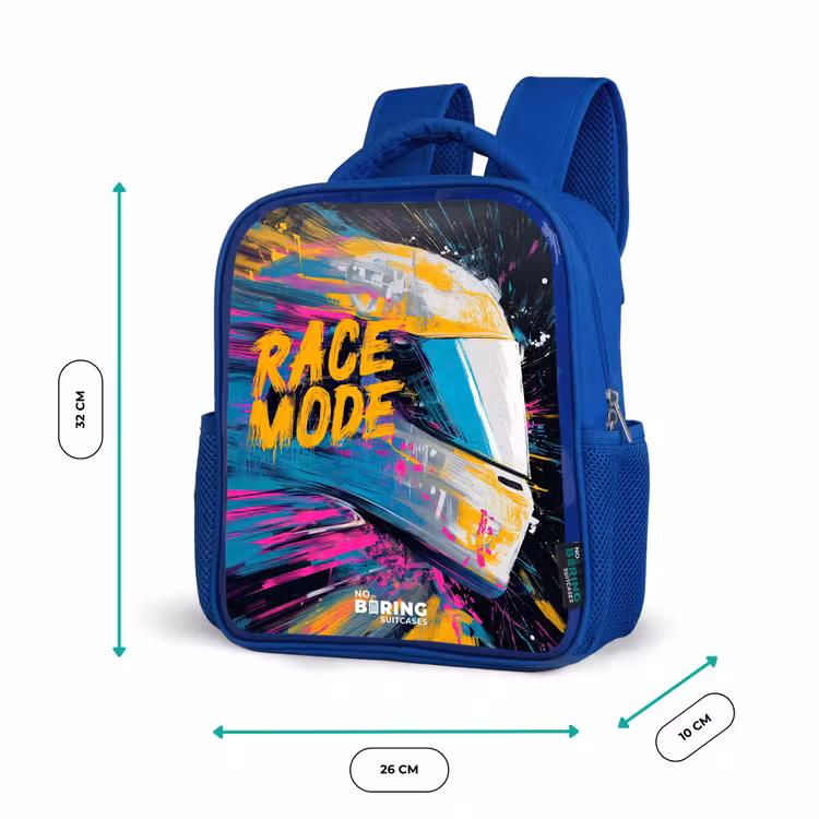 Kinderrucksack - Blau - Rennhelm - Farbspritzer - Pinselstriche - Rennmode — 6