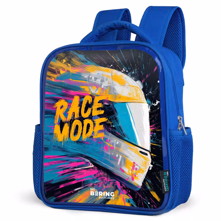 Kinderrucksack - Blau - Rennhelm - Farbspritzer - Pinselstriche - Rennmode — 7