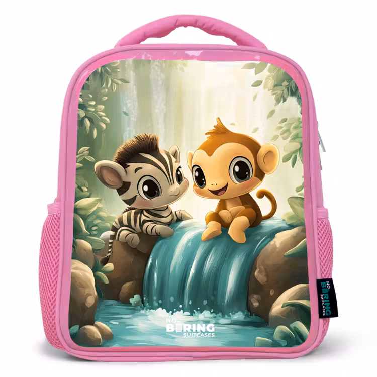 Kinderrucksack - Rosa - Zebra - Affe - Wasserfall - Felsen — 1