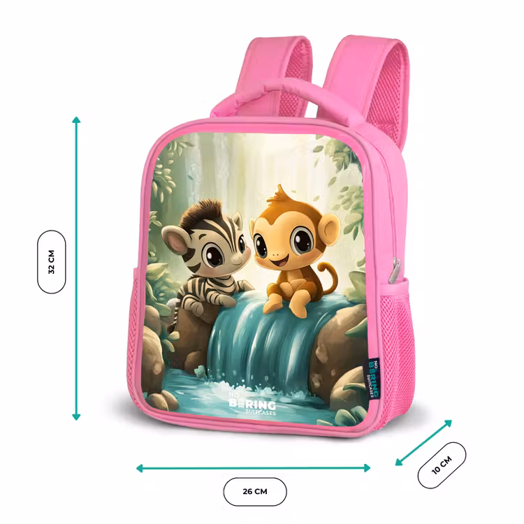 Kinderrucksack - Rosa - Zebra - Affe - Wasserfall - Felsen — 2