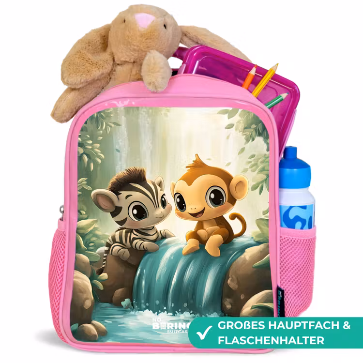 Kinderrucksack - Rosa - Zebra - Affe - Wasserfall - Felsen — 3