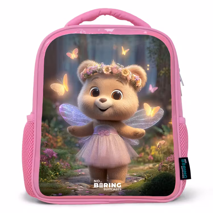 Kinderrucksack - Rosa - Bär - Schmetterlinge - Wald - Fee — 1