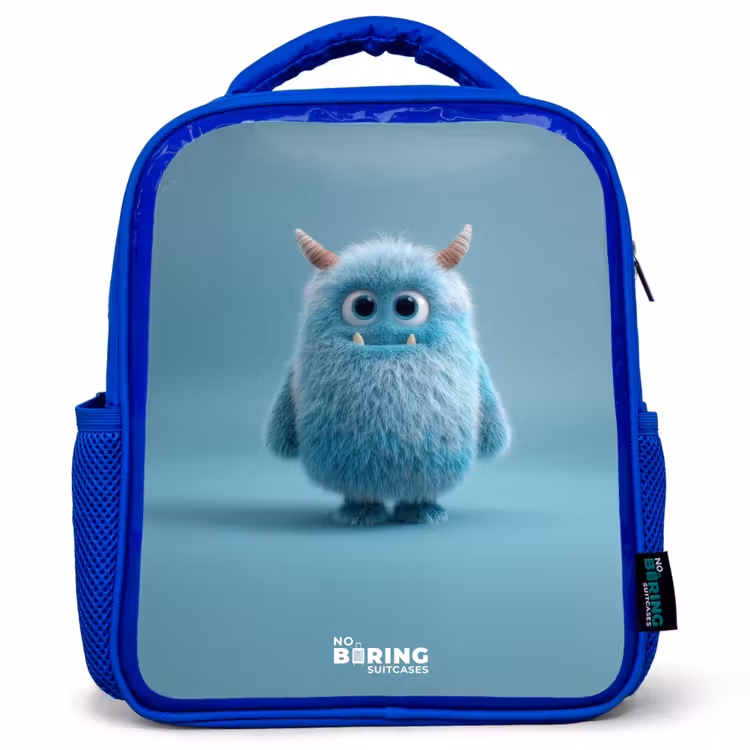 Kinderrucksack - Blau - Blaues Plüschmonster mit Hörnern — 1