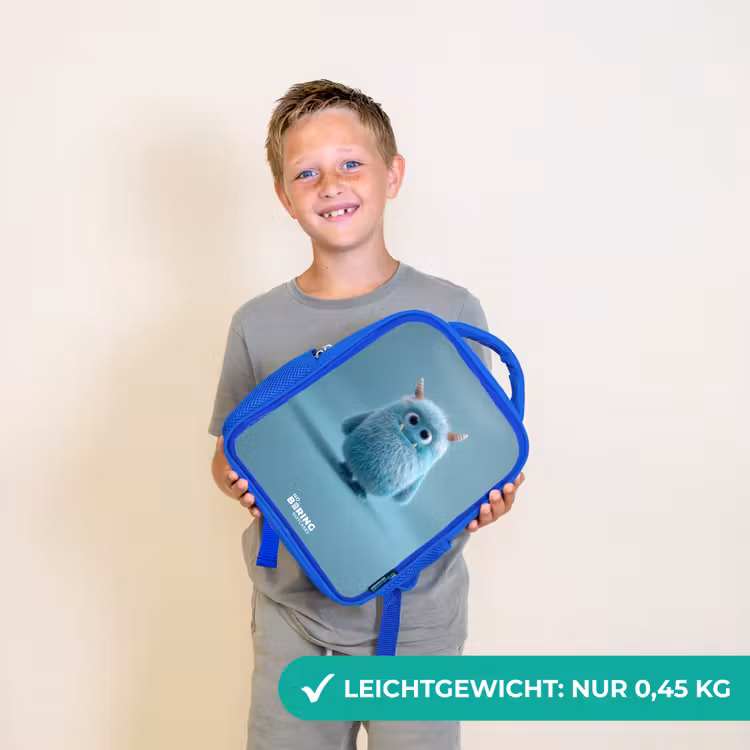 Kinderrucksack - Blau - Blaues Plüschmonster mit Hörnern — 4
