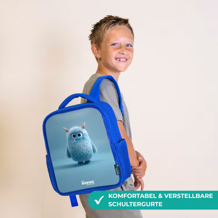 Kinderrucksack - Blau - Blaues Plüschmonster mit Hörnern — 5