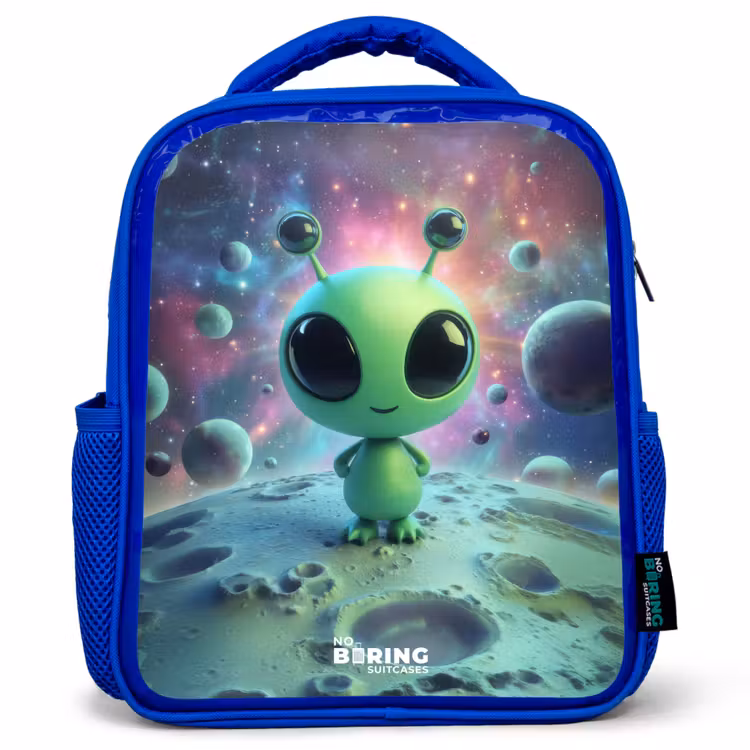 Kinderrucksack - Blau - Grünes außerirdisches Wesen auf Mondlandschaft — 1