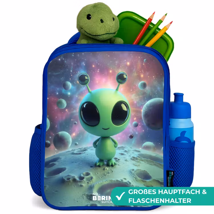 Kinderrucksack - Blau - Grünes außerirdisches Wesen auf Mondlandschaft — 3