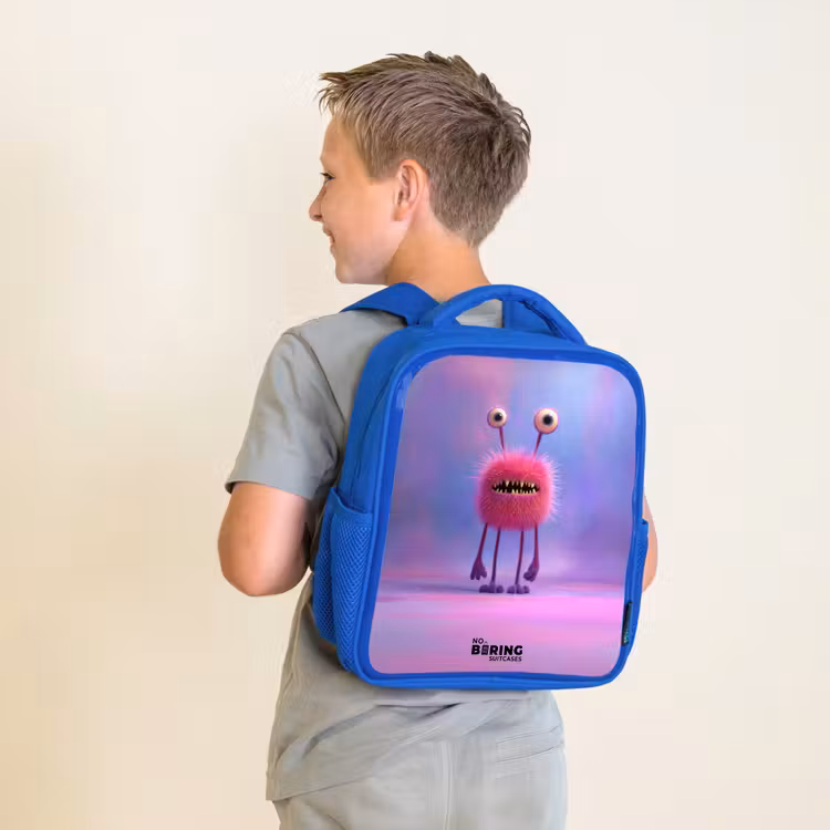 Kinderrucksack - Blau - Rosa pelziges Monster mit großen Augen — 2