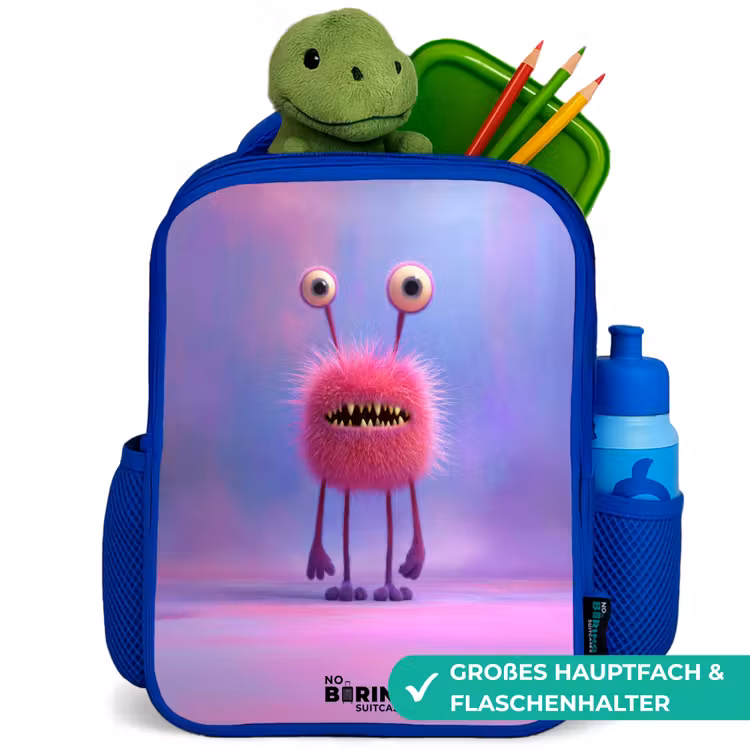 Kinderrucksack - Blau - Rosa pelziges Monster mit großen Augen — 3