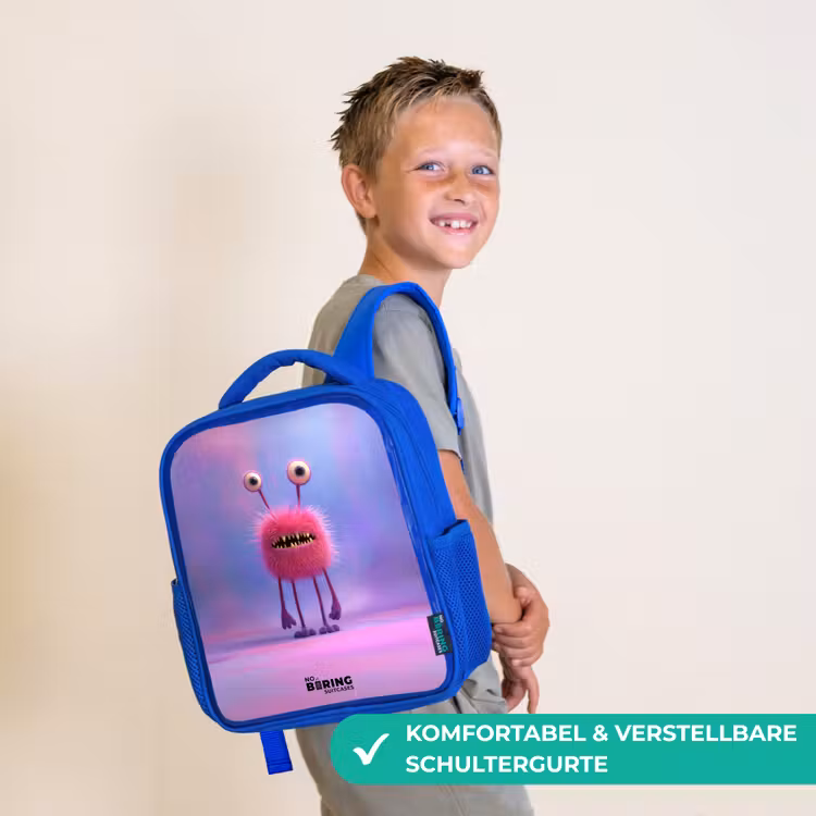 Kinderrucksack - Blau - Rosa pelziges Monster mit großen Augen — 5