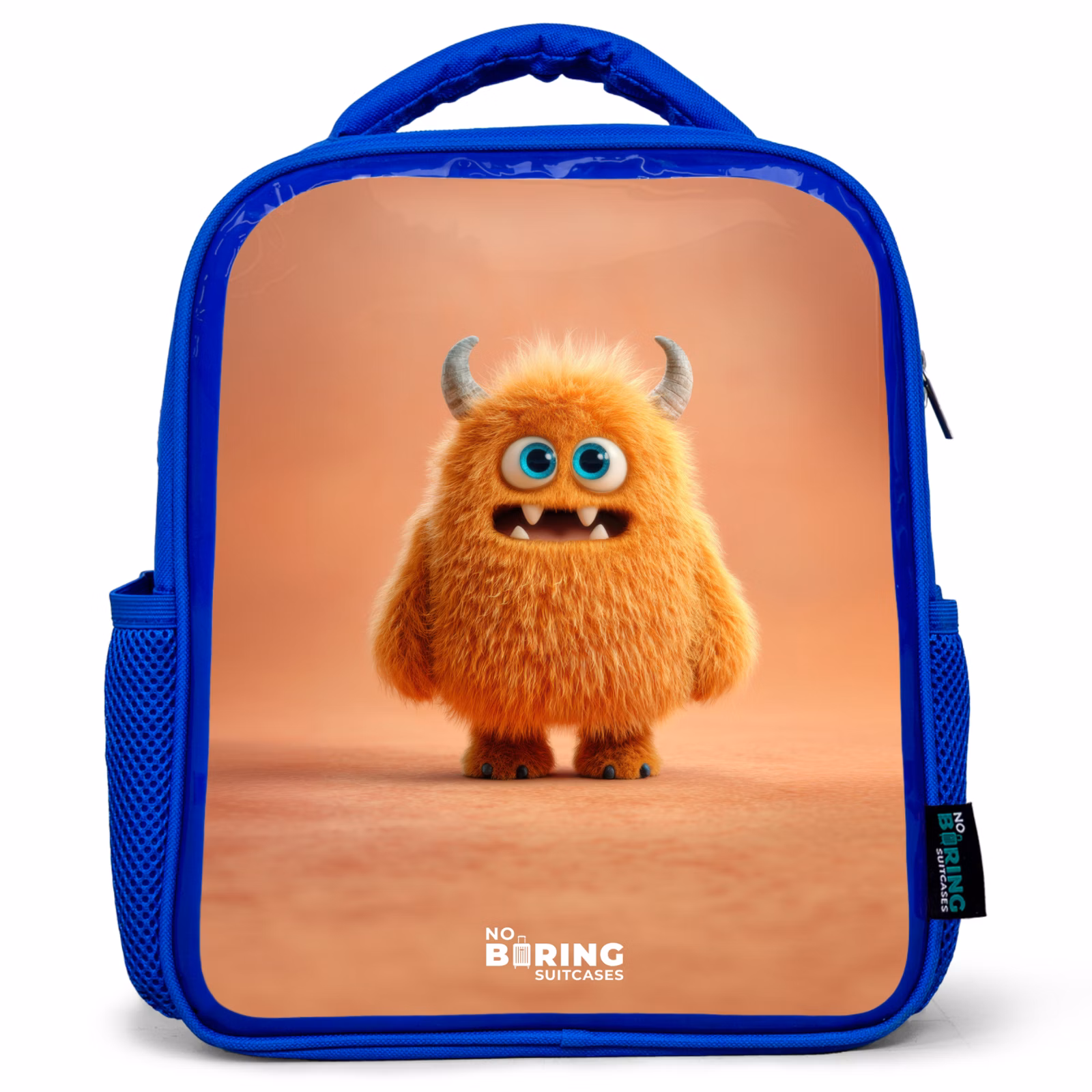 Kinderrucksack - Blau - Orangefarbenes flauschiges Monster mit Hörnern — 1