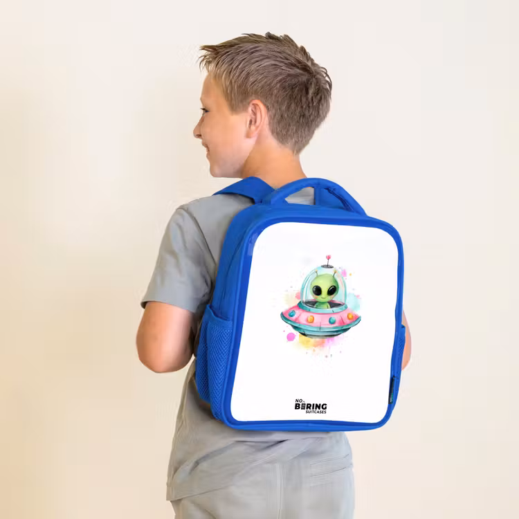 Kinderrucksack - Blau - Grüner Außerirdischer in buntem UFO — 2
