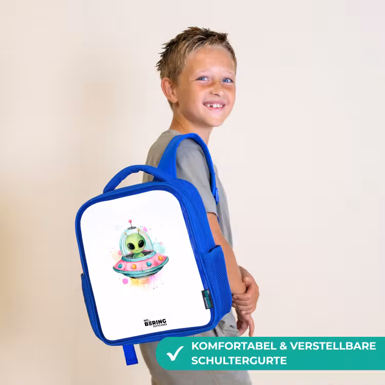 Kinderrucksack - Blau - Grüner Außerirdischer in buntem UFO — 5