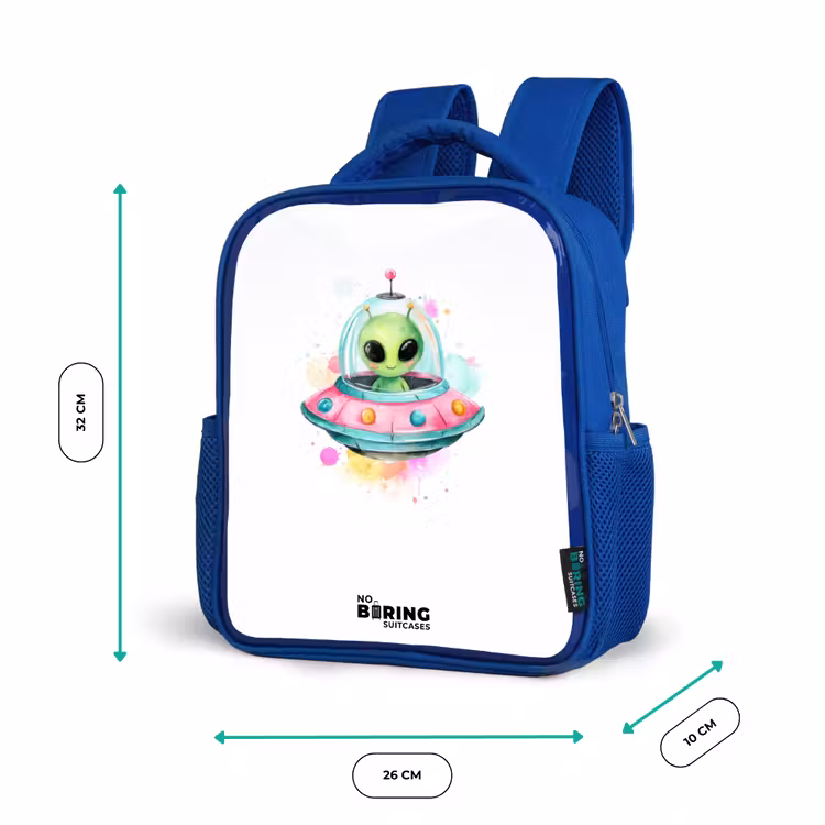 Kinderrucksack - Blau - Grüner Außerirdischer in buntem UFO — 6