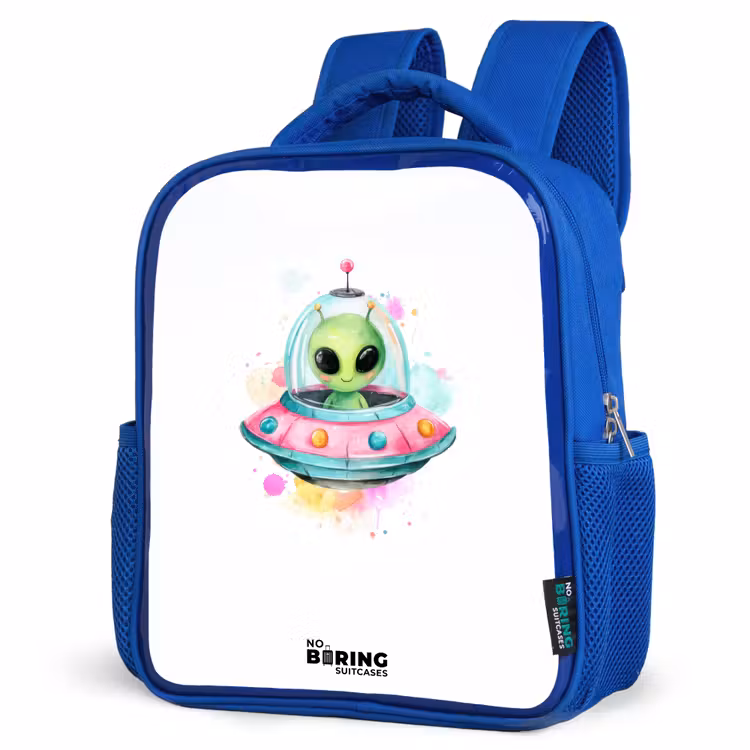 Kinderrucksack - Blau - Grüner Außerirdischer in buntem UFO — 7